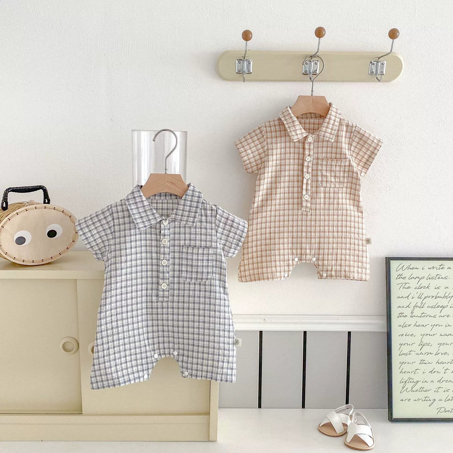 Summer Arrival Baby Unisex Plaid Short Sleeves Rompers with Turn-down Collar, MyKids-USA®, Baby One-Pieces, MyKids-USA -  -  -  -  -  -  - 