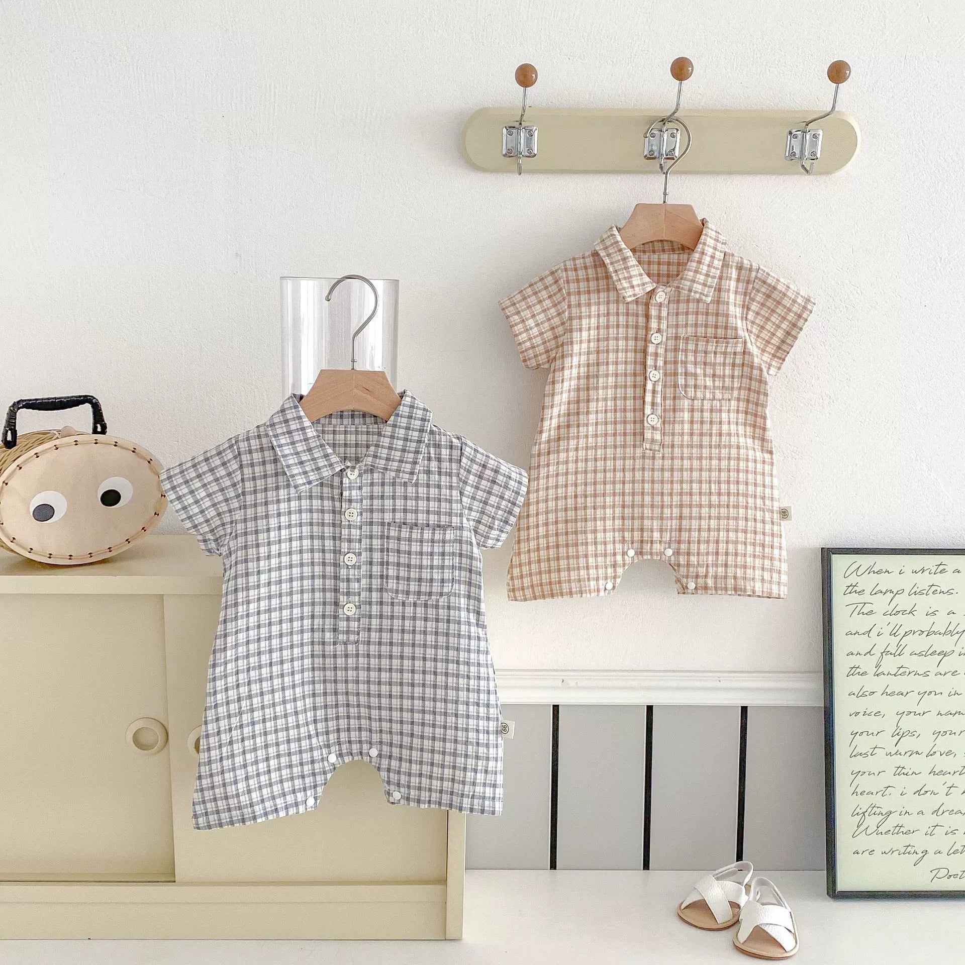 Summer Arrival Baby Unisex Plaid Short Sleeves Rompers with Turn-down Collar, MyKids-USA®, Baby One-Pieces, MyKids-USA -  -  -  -  -  -  - 