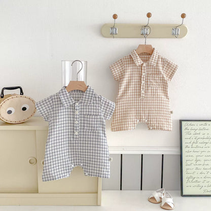 Summer Arrival Baby Unisex Plaid Short Sleeves Rompers with Turn-down Collar, MyKids-USA®, Baby One-Pieces, MyKids-USA -  -  -  -  -  -  - 