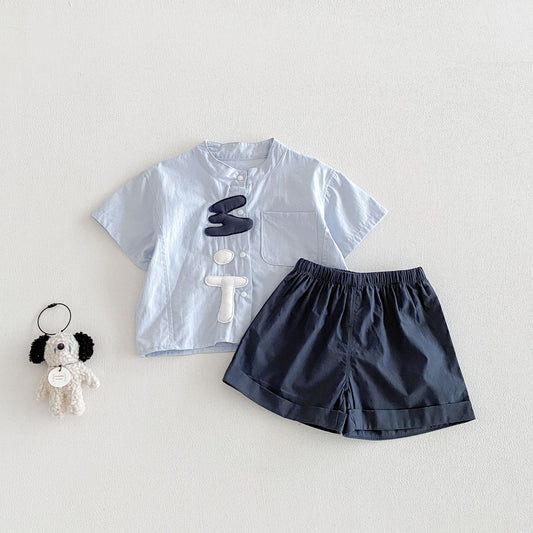 Summer Baby Kids Boys Short Sleeves Letters Pattern Shirt and Plain Shorts Clothing Set