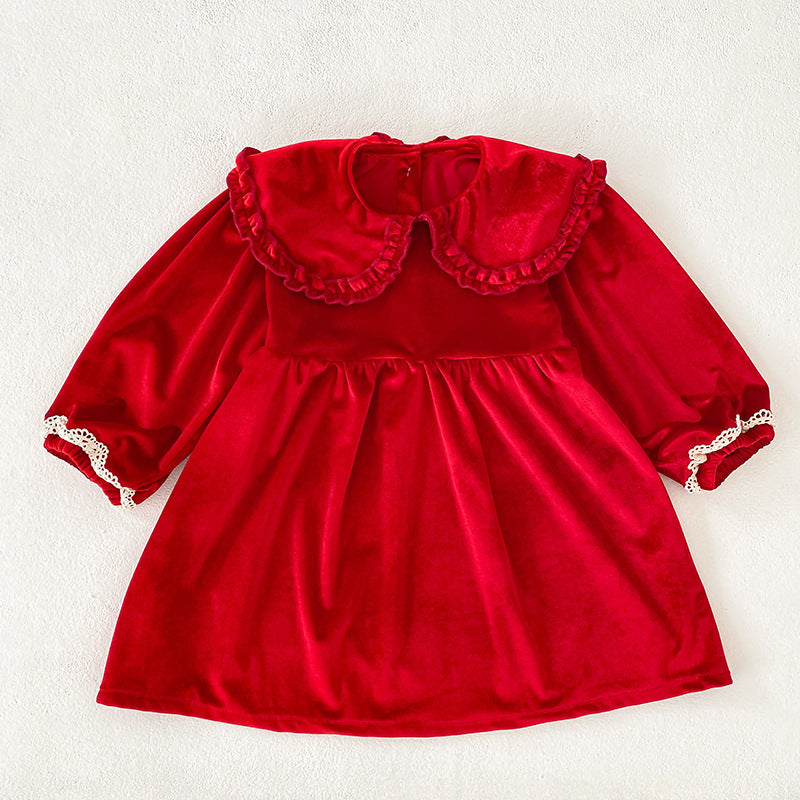 Autumn Baby Girls Plain Lace Trim Long-sleeved Peter Pan Collar Bodysuit and Dress – Princess Sister Matching Set