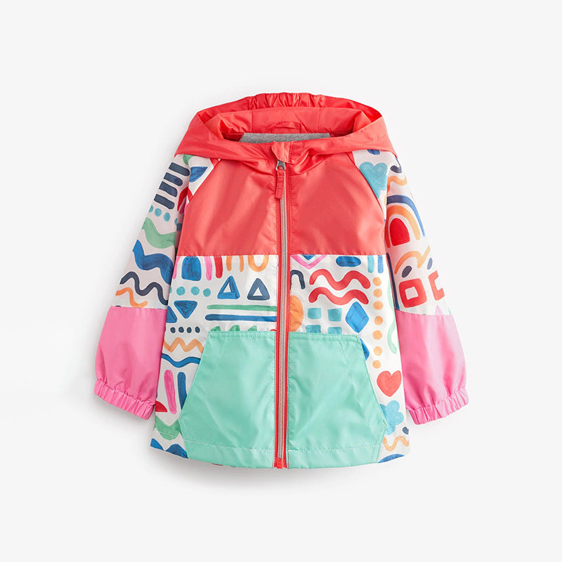 Girls’ Outerwear: Zip-Up Patchwork/Cartoon Coat With Long Sleeves For Children