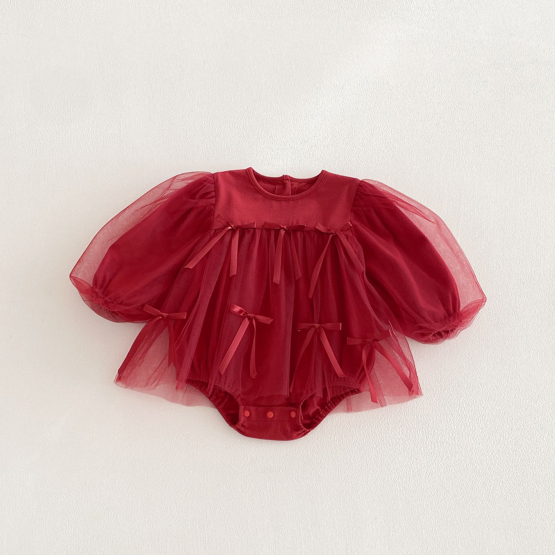 Spring Arrival Baby Girls Long Sleeves Butterfly-bows and Tulle Decorated Bodysuit, MyKids-USA®, Bodysuits, MyKids-USA - Size/Age - 66 (3-6M) - Color - Red -  -  - TR2603011533-A.