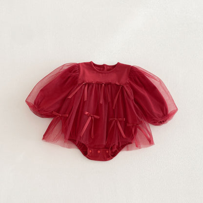 Spring Arrival Baby Girls Long Sleeves Butterfly-bows and Tulle Decorated Bodysuit, MyKids-USA®, Bodysuits, MyKids-USA - Size/Age - 66 (3-6M) - Color - Red -  -  - TR2603011533-A.