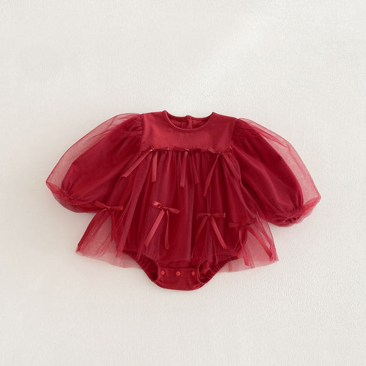 Spring Arrival Baby Girls Long Sleeves Butterfly-bows and Tulle Decorated Bodysuit, MyKids-USA®, Bodysuits, MyKids-USA - Size/Age - 66 (3-6M) - Color - Red -  -  - TR2603011533-A.