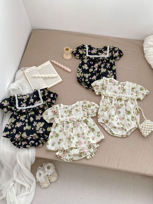 Summer Baby Kids Girls Comfortable Floral Pattern Short Sleeves Dress And Shorts Clothing Set/Onesies