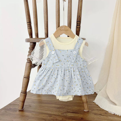 Summer Arrival Baby Kids Girls Sleeveless Floral Pattern Strap Overalls and Beige Onesies Clothing Set, MyKids-USA®, Baby & Toddler Outfits, MyKids-USA -  -  -  -  -  -  - 