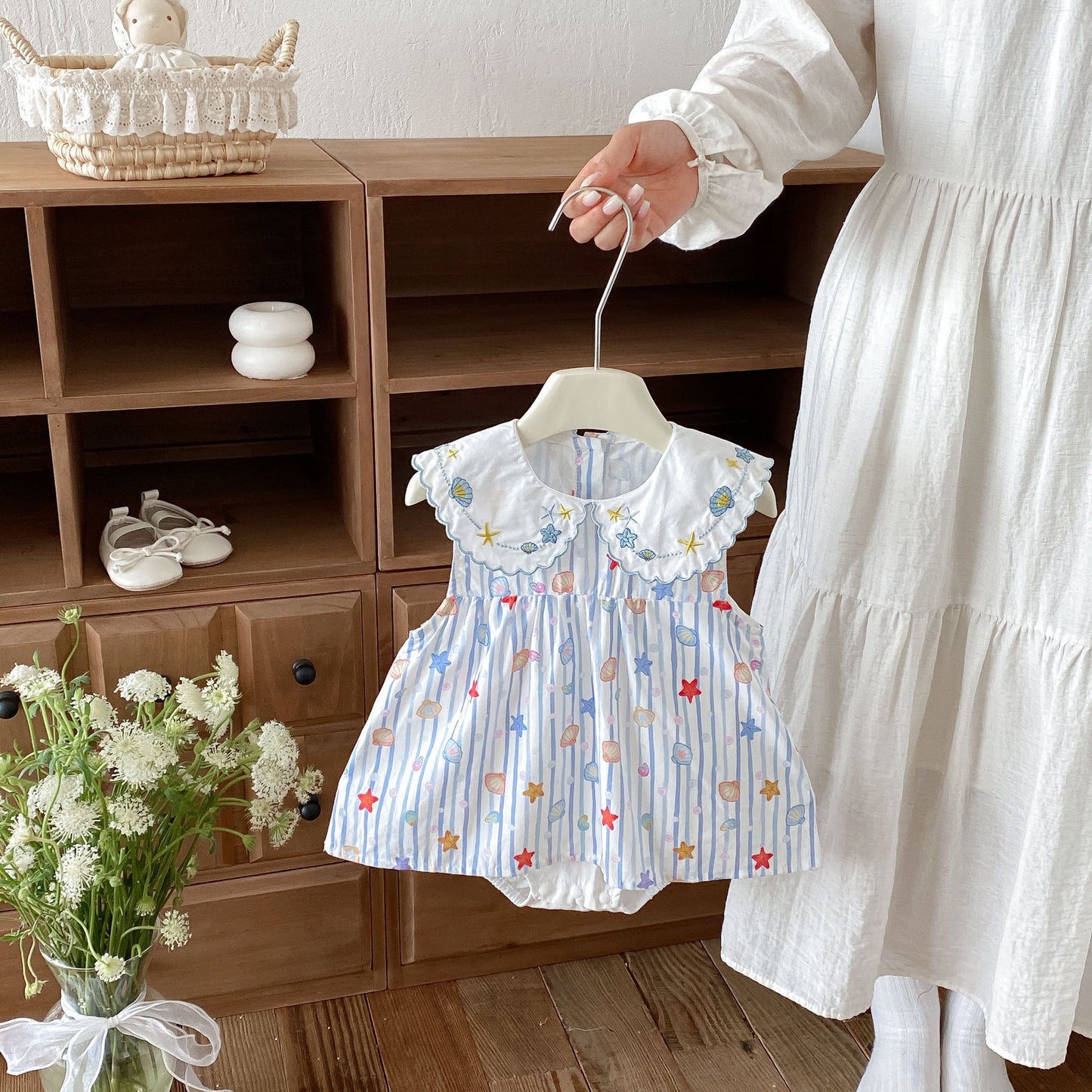 Design Summer Baby Kids Girls Sleeveless Marine Elements Pattern Bodysuit Dress