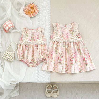 Summer Arrival Girls Cute Flowers Pattern Sleeveless Onesies and Dress – Princess Sister Matching Set, MyKids-USA®, Baby & Toddler Dresses, MyKids-USA -  -  -  -  -  -  - 