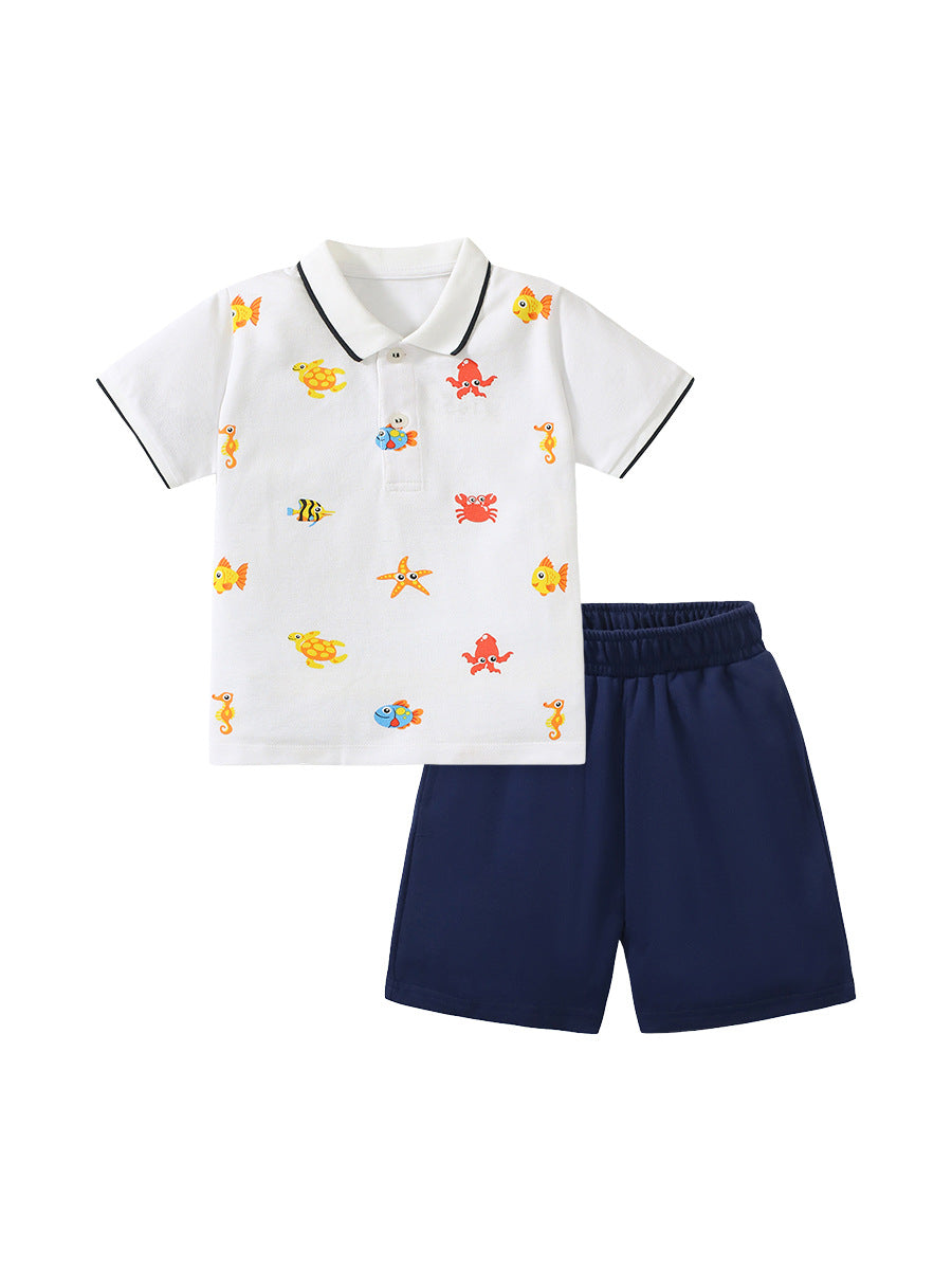 Baby Kids Boys Marine Print Polo Top And Shorts Casual Clothing Set