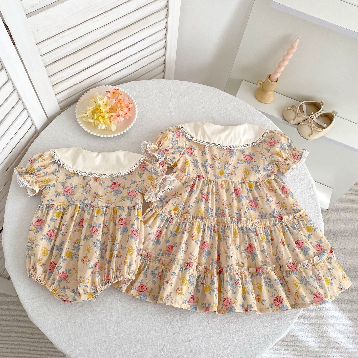 Summer Girls Floral Pattern Lace Trim Collar Onesies and Dress – Princess Sister Matching Set, MyKids-USA®, Baby & Children's Outfits, MyKids-USA -  -  -  -  -  -  - .