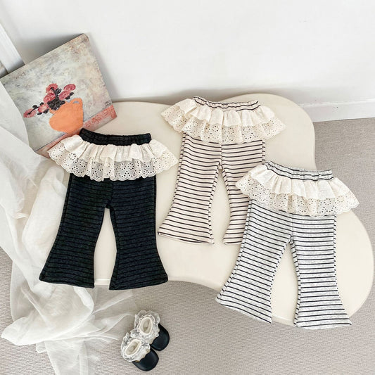 MyKids-USA® Autumn Arrival Baby Girls Striped Pattern Lace Trim Cute Pants