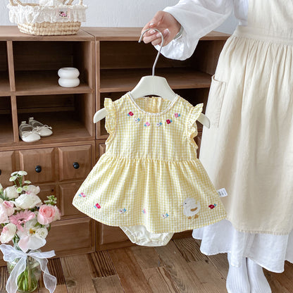 Design Summer Baby Kids Girls Fly Sleeves Plaid and Cartoon Pattern Bodysuit Dress