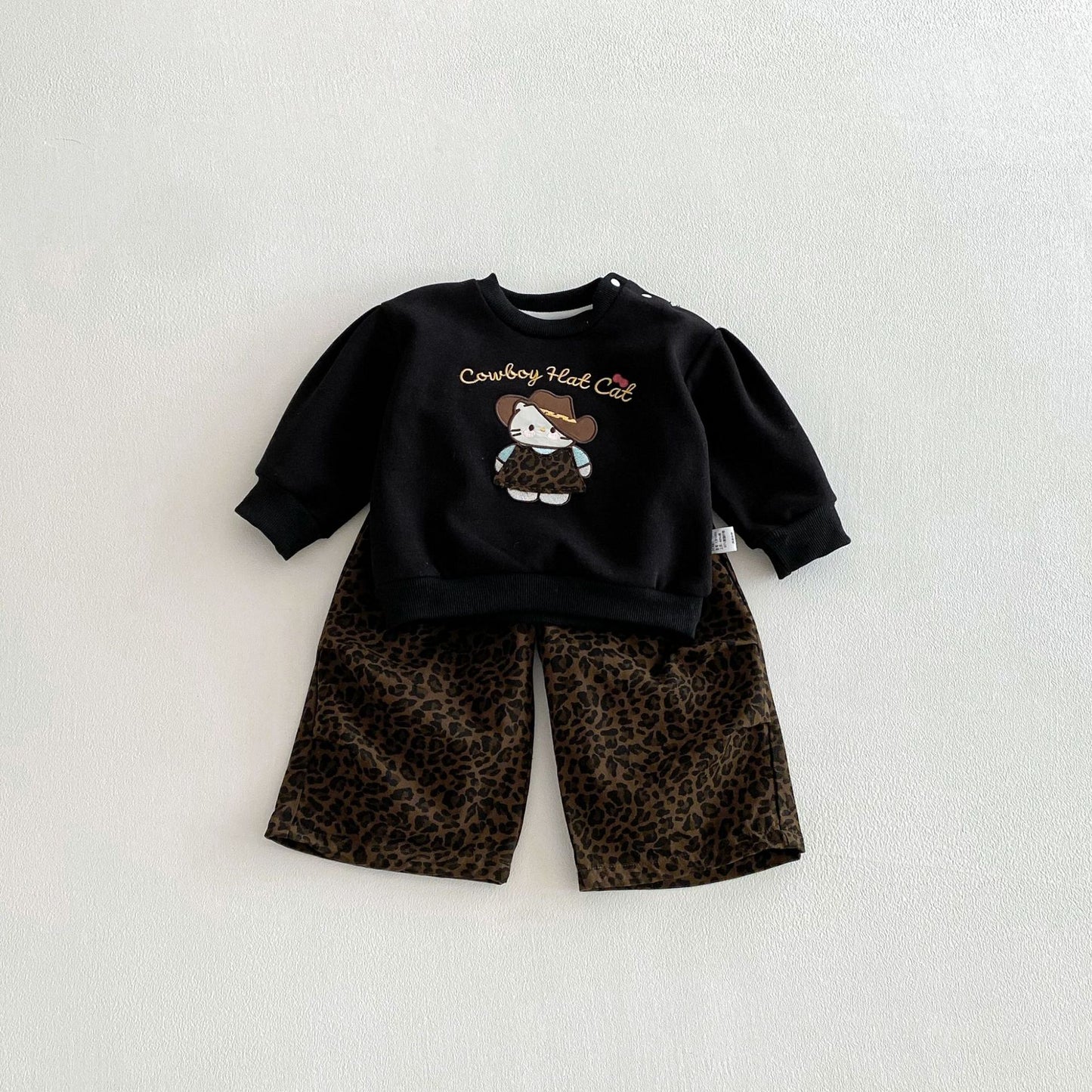 Spring and Autumn Baby Kids Girls Long Sleeves Cartoon Pattern Pullover and Leopard Pattern Pants 2-piece Clothing Set