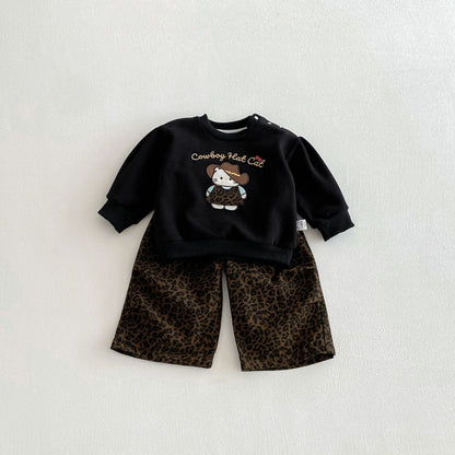 Spring and Autumn Baby Kids Girls Long Sleeves Cartoon Pattern Pullover and Leopard Pattern Pants 2-piece Clothing Set