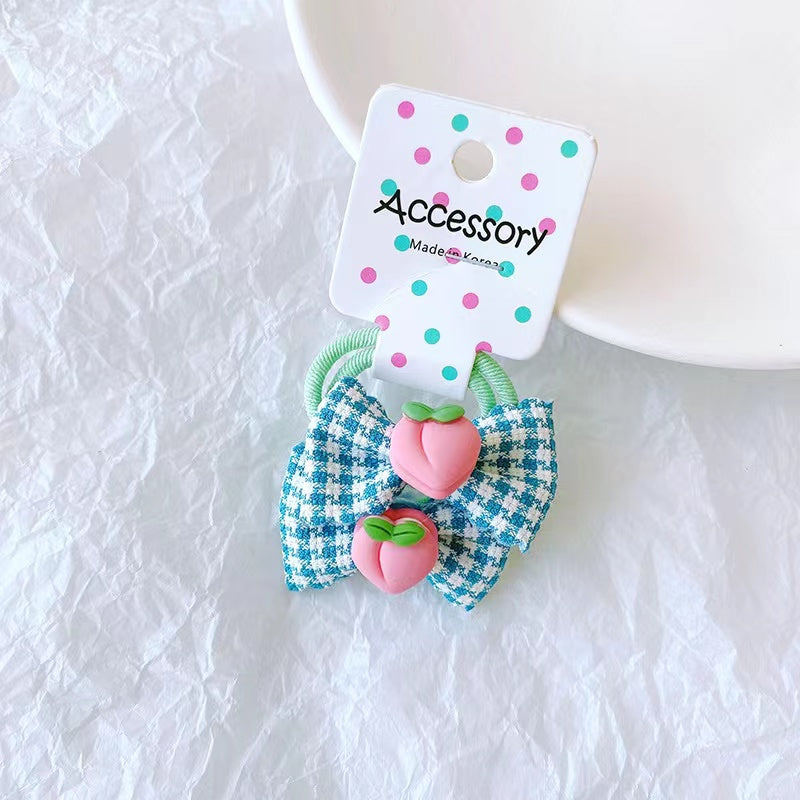 Girls 3D Fruit Patched Design Plaid Pattern Bow Tie Hair Tie Rope Headband