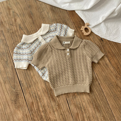 Arrival Summer Baby Kids Unisex Jacquard Pattern Knitted Short Sleeves Top