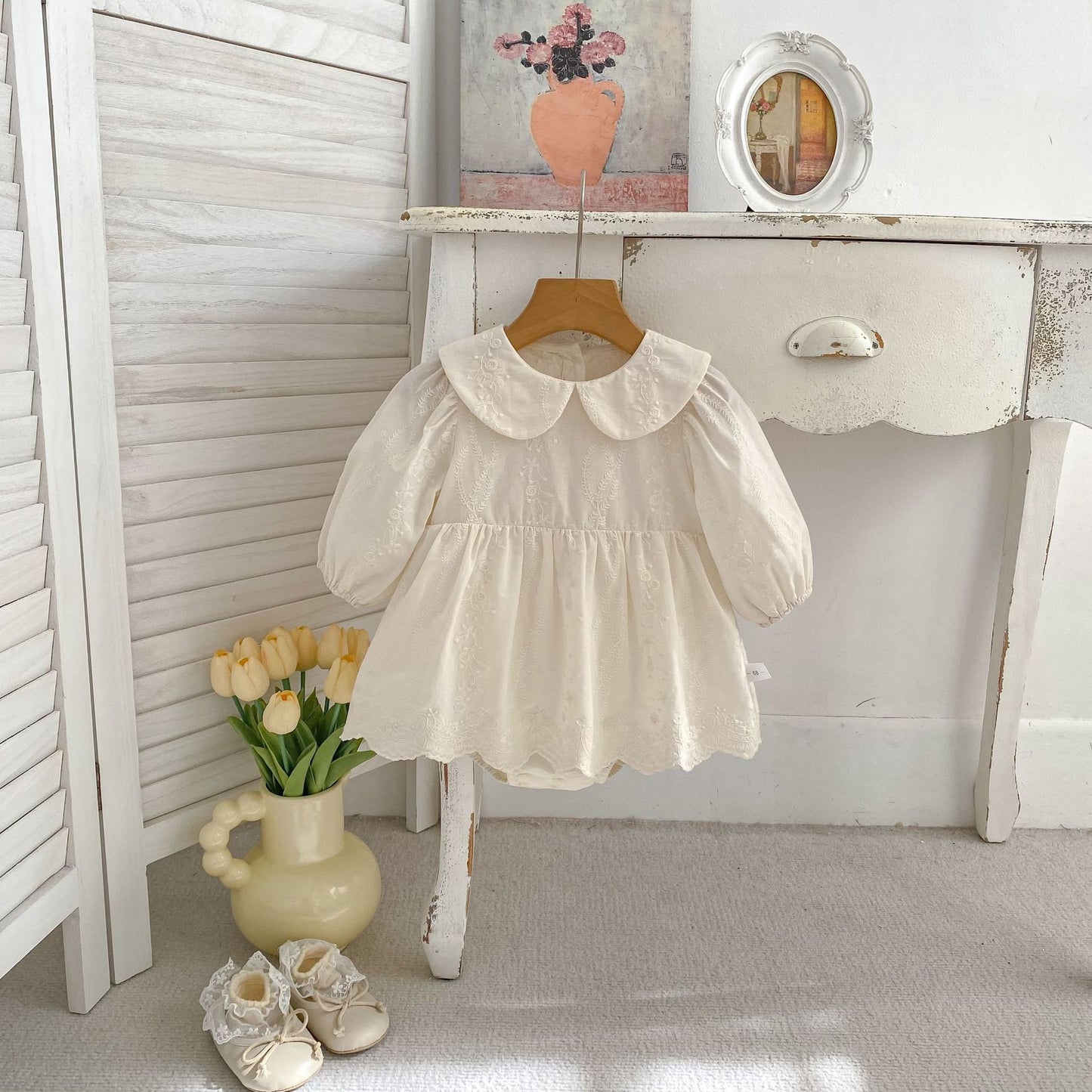 Spring Arrival Baby Girls Long Sleeves Flowers Embroidered Solid Color Bodysuit Dress, MyKids-USA®, Baby & Toddler Dresses, MyKids-USA - Size/Age - 66 (3-6M) - Color - Beige -  -  - TR2603011639-A.