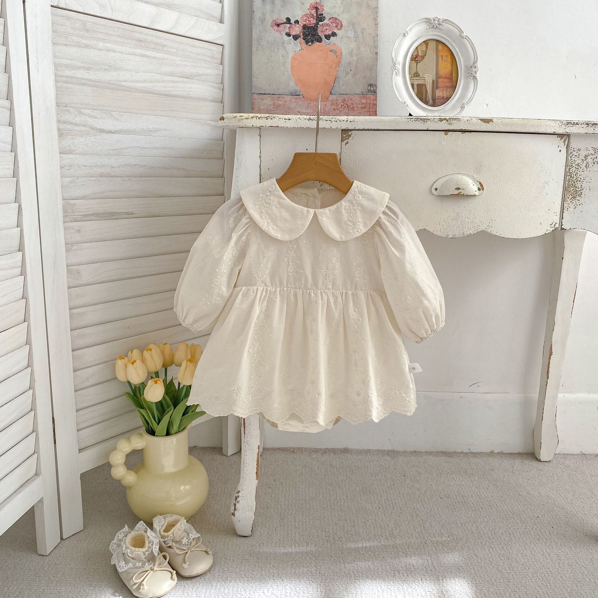 Spring Arrival Baby Girls Long Sleeves Flowers Embroidered Solid Color Bodysuit Dress, MyKids-USA®, Baby & Toddler Dresses, MyKids-USA - Size/Age - 66 (3-6M) - Color - Beige -  -  - TR2603011639-A.