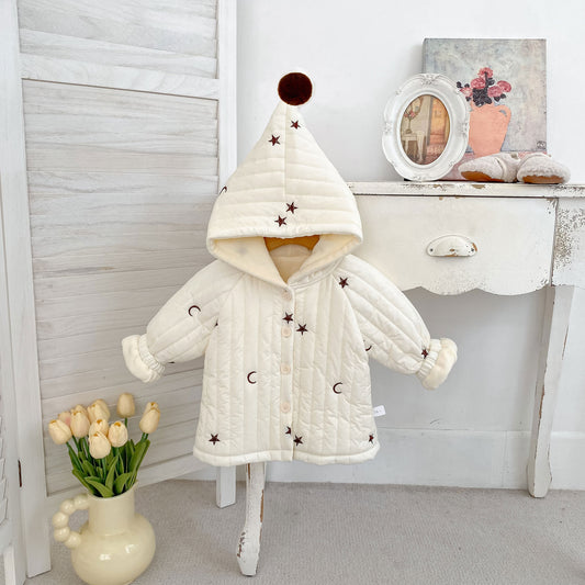 Winter Arrival Baby Kids Unisex Moons and Stars Pattern Long Sleeves Fleece-lined Hooded Coat, MyKids-USA®, Puffer Jackets, MyKids-USA - Size/Age - 73 (6-9M) - Color - Beige -  -  - TR2512011807-A