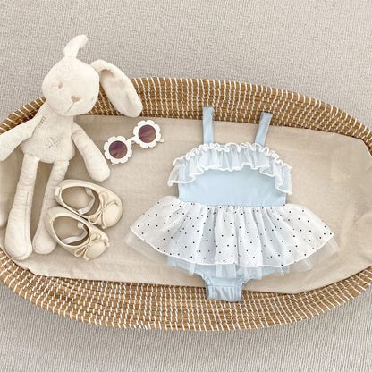Summer Arrival Baby Girls Dots Pattern Lace Trim Swimwear, MyKids-USA®, Baby & Children's One-Pieces, MyKids-USA - Size/Age - 73 (6-9M) - Color - Blue -  -  - TR2505202259-A.