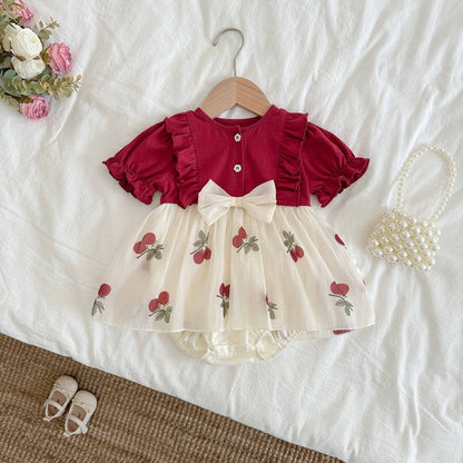Summer Arrival Baby Girls Cute Short Sleeves Color Patchwork Cherry Pattern Dress Design Onesies, MyKids-USA®, Baby & Toddler Dresses, MyKids-USA - Size/Age - 66 (3-6M) - Color - Red -  -  - TR2505231941-A