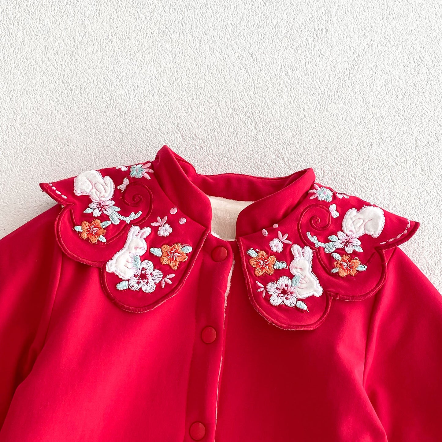 Infant Baby Girls Thick Warm Long Sleeve Rabbits Floral Knitted Round Collar Red Romper