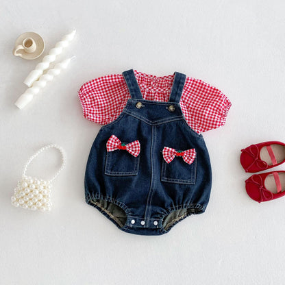 Summer Hot Selling Baby Kids Girls Sleeveless Pocketed Denim Strap Onesies Overalls and Red Plaid T-Shirt Clothing Set, MyKids-USA®, Baby & Toddler Outfits, MyKids-USA -  -  -  -  -  -  - 