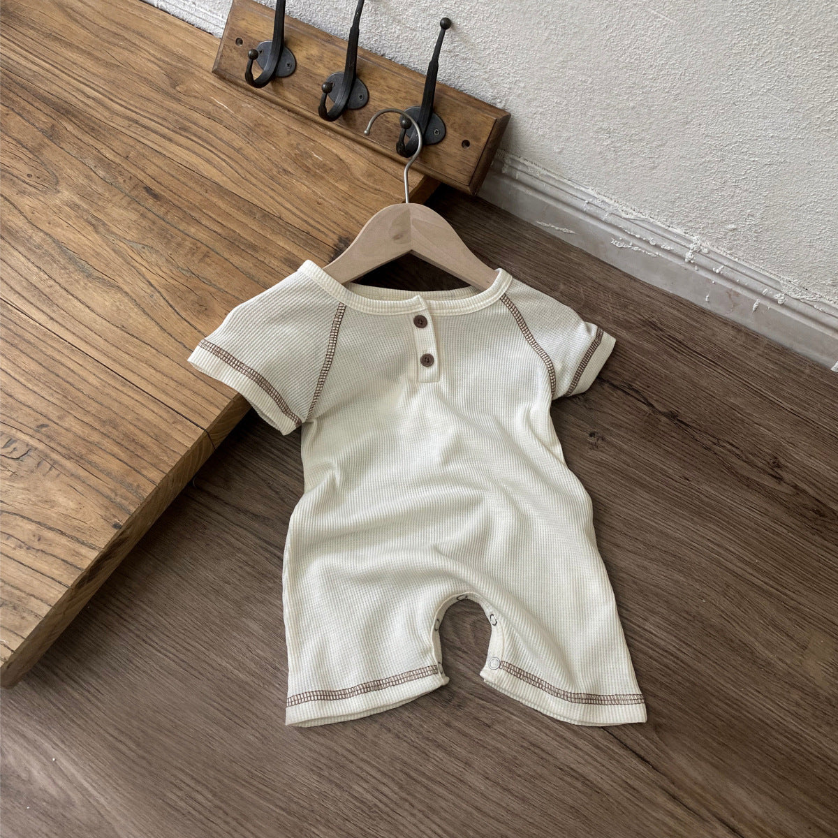 Summer Arrival Baby Short Sleeves Patchwork Waffle Grid Rompers Bodysuits
