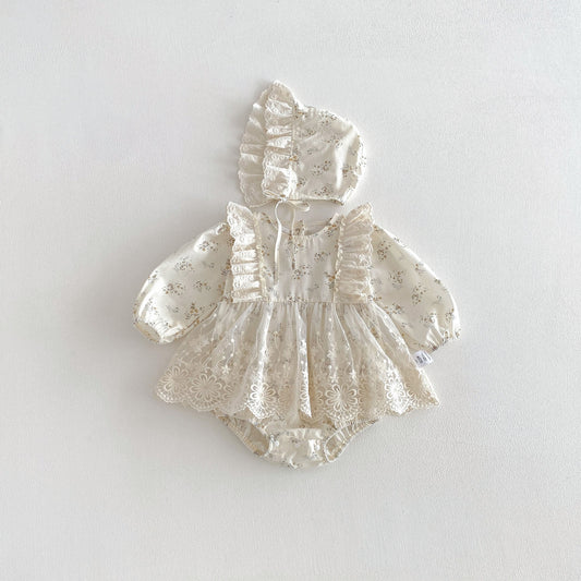 Spring Arrival Baby Girls Long Sleeves Tulle Decorated Floral Bodysuit, MyKids-USA®, Bodysuits, MyKids-USA - Size/Age - 66 (3-6M) - Color - Apricot -  -  - TR2601232142-A.