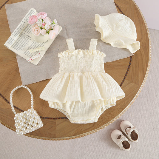 Design Summer Baby Kids Girls Sleeveless Solid Color Bodysuit with Hat