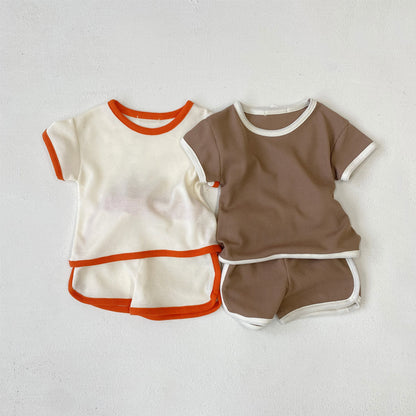Arrival Summer Baby Kids Short Sleeves Waffle Grid T-shirt and Shorts Clothing Set