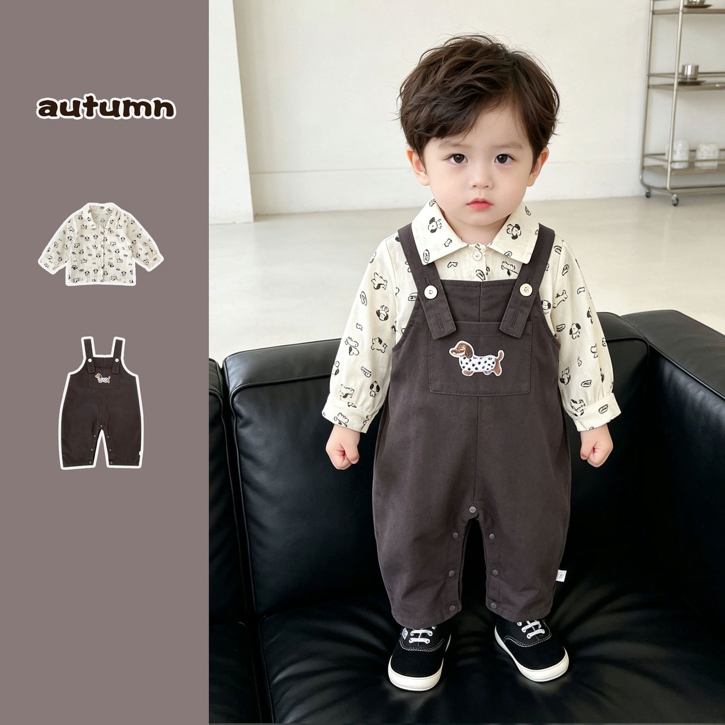 MyKids-USA® Hot Selling Autumn Baby Kids Boys Long Sleeves Puppy Pattern Shirt and Overalls Set