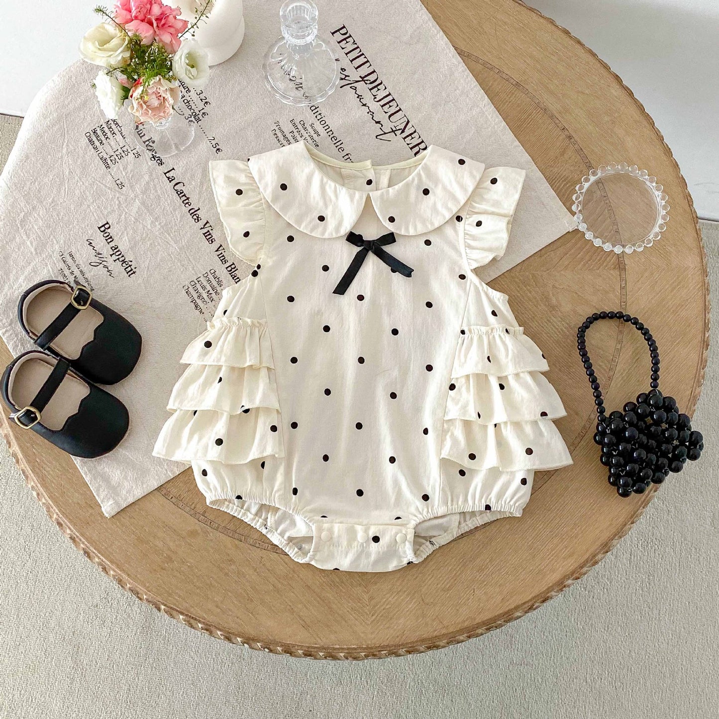 Summer Arrival Baby Girls Cute Fly Sleeves Butterfly-bow Decorated Dots Pattern Onesies, MyKids-USA®, Baby One-Pieces, MyKids-USA - Size/Age - 66 (3-6M) - Color - Beige -  -  - TR2505062303-A