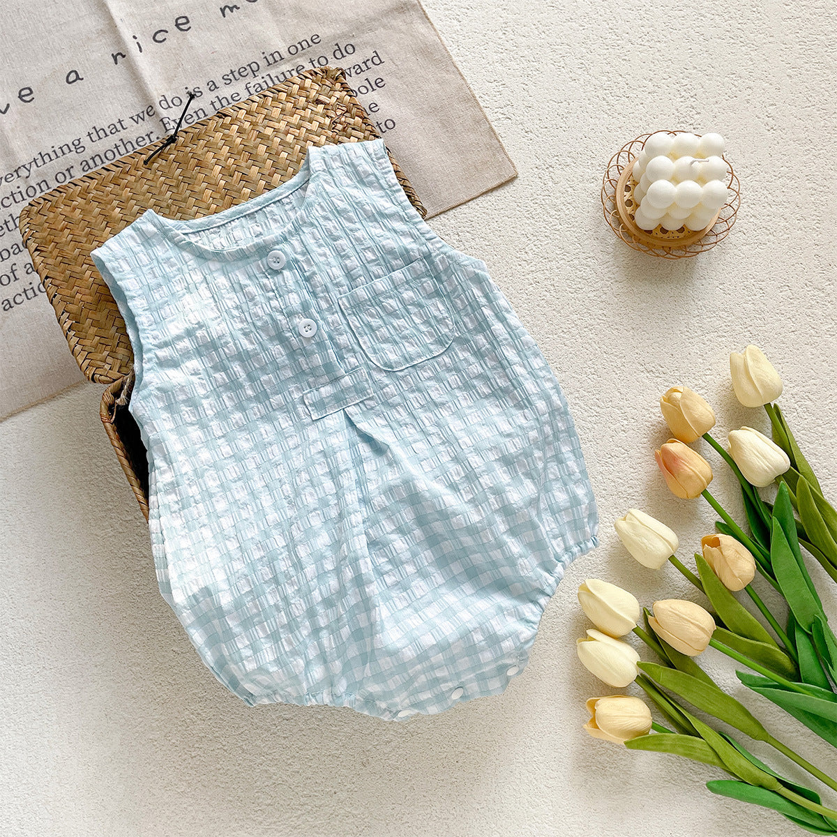 Summer Arrival Baby Boys and Girls Sleeveless Plaid Pattern Bodysuit, MyKids-USA®, Bodysuits, MyKids-USA - Size/Age - 66 (3-6M) - Color - Light Blue -  -  - TR2603171445-D.