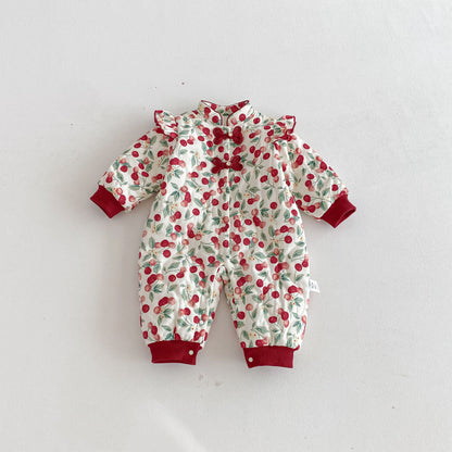 Winter Arrival Baby Girls Long Sleeves Cherry Pattern Fleece-Lined Rompers