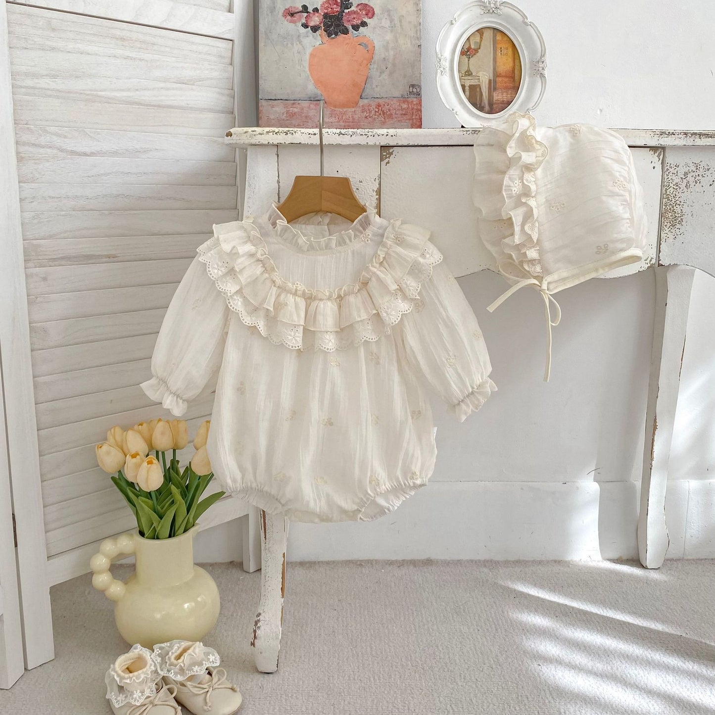 Spring Arrival Baby Girls Long Sleeves Flowers Pattern Ruffle Neck Bodysuit, MyKids-USA®, Bodysuits, MyKids-USA - Size/Age - 66 (3-6M) - Color - Beige -  -  - TR2603031609-A.