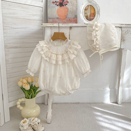 Spring Arrival Baby Girls Long Sleeves Flowers Pattern Ruffle Neck Bodysuit, MyKids-USA®, Bodysuits, MyKids-USA - Size/Age - 66 (3-6M) - Color - Beige -  -  - TR2603031609-A.