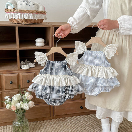 Summer Arrival Baby Girls Sleeveless Flowers and Plaid Pattern Strap Bodysuit, MyKids-USA®, Baby One-Pieces, MyKids-USA -  -  -  -  -  -  - .