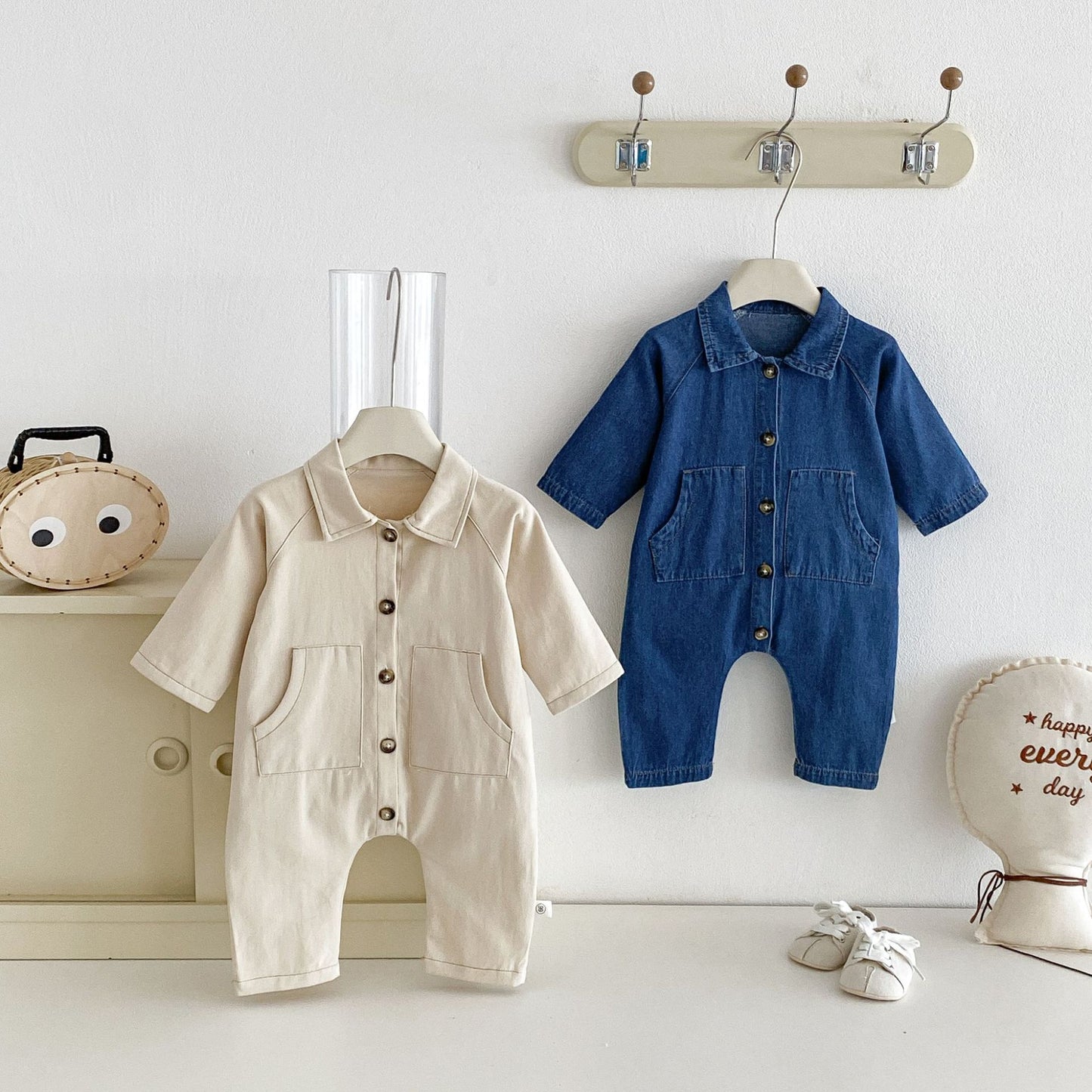 MyKids-USA® Autumn Arrival Baby Unsiex Long Sleeves Casual Turn-down Collar Denim Rompers