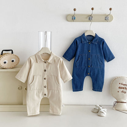 MyKids-USA® Autumn Arrival Baby Unsiex Long Sleeves Casual Turn-down Collar Denim Rompers