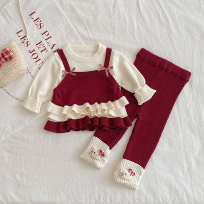 Winter and Spring Baby Kids Girls Long Sleeves Color Patchwork Pullover and Cartoon Pattern Pants Knitted Clothing Set