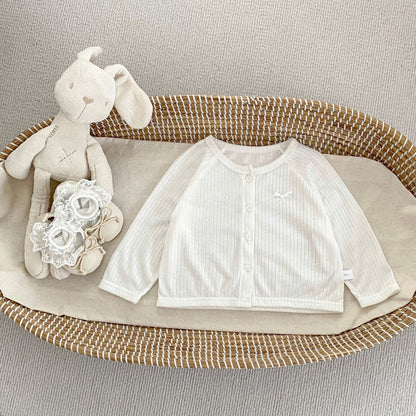 Summer Arrival Baby Girls Simple Long Sleeves Single Breasted Thin Knitted Top with Butterfly-bow, MyKids-USA®, Baby & Toddler Tops, MyKids-USA - Size/Age - 73 (6-9M) - Color - White -  -  - TR2505152236-D