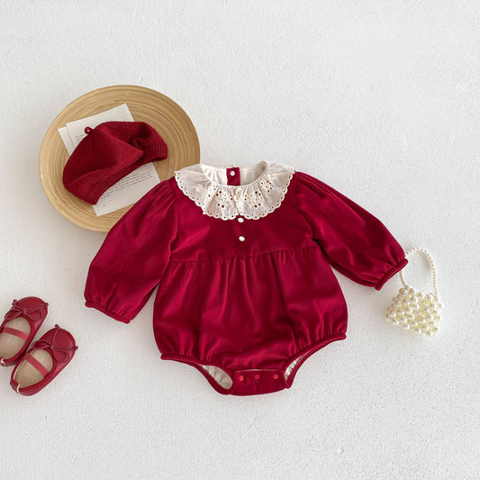 Christmas Baby Girl Laces Round Collars Long Sleeve One Piece In Winter, MyKids-USA®, Baby One-Pieces, MyKids-USA - Size/Age - 66 (3-6M) - Color - Red -  -  - QQ2310130921-A