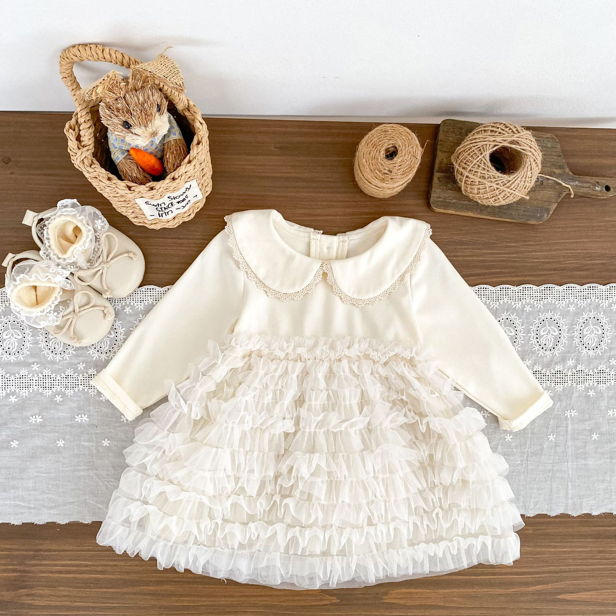 MyKids-USA® Autumn Arrival Baby Long Sleeves Cute Lace Trim Collar Ruffle Tulle Dress