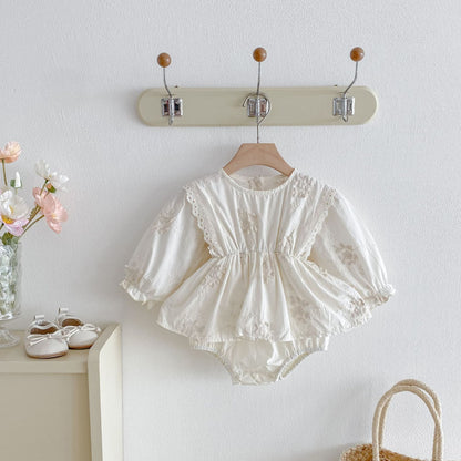 Autumn Arrival Baby Girls Long Sleeves Flowers Pattern Embroidered Onesies, MyKids-USA®, Baby One-Pieces, MyKids-USA - Size/Age - 66 (3-6M) - Color - Beige -  -  - TR2509172309-A