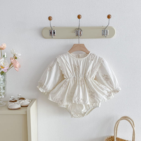 Autumn Arrival Baby Girls Long Sleeves Flowers Pattern Embroidered Onesies, MyKids-USA®, Baby One-Pieces, MyKids-USA - Size/Age - 66 (3-6M) - Color - Beige -  -  - TR2509172309-A