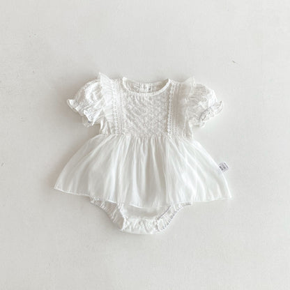 Summer Arrival Baby Girls Short Sleeves Dots Pattern Embroidered Lace Trim Bodysuit Dress, MyKids-USA®, Baby & Children's Dresses, MyKids-USA - Size/Age - 80 (9-12M) - Color - Beige -  -  - TR2604062304-A.