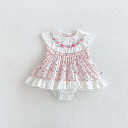 Design Summer Baby Kids Girls Sleeveless Flowers and Striped Pattern Bodysuit Dress