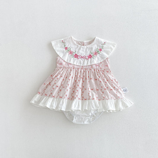 Design Summer Baby Kids Girls Sleeveless Flowers and Striped Pattern Bodysuit Dress, MyKids-USA®, Baby & Children's Dresses, MyKids-USA - Size/Age - 66 (3-6M) - Color - Pink -  -  - TR2605302324-A.